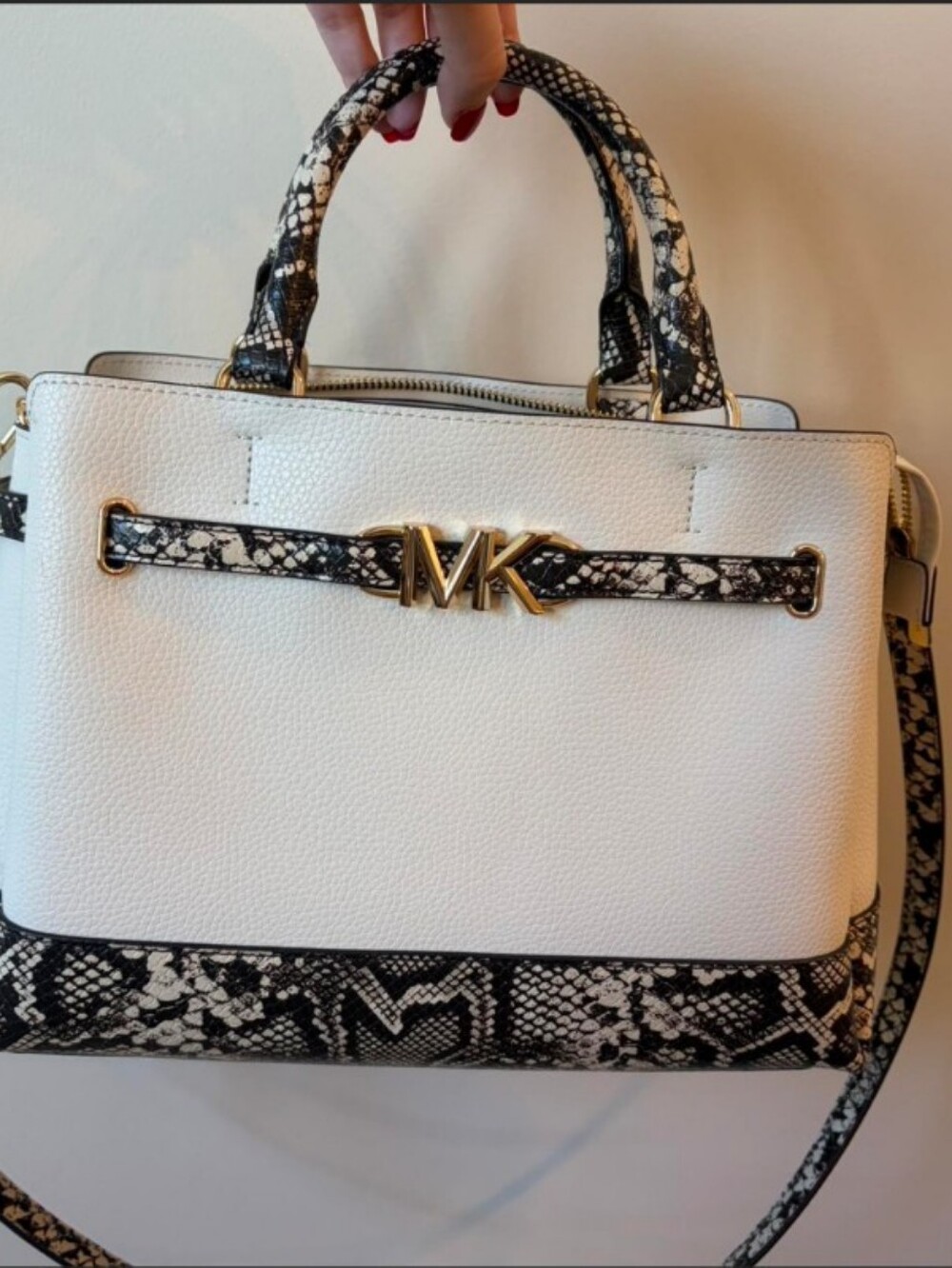 Michael Kors White Satchel with Black Snake-Print Trim